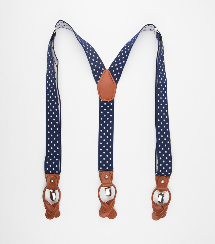 Bubibubi Tmavomodré pánské kšandy s bílými puntíky a hnědými poutky