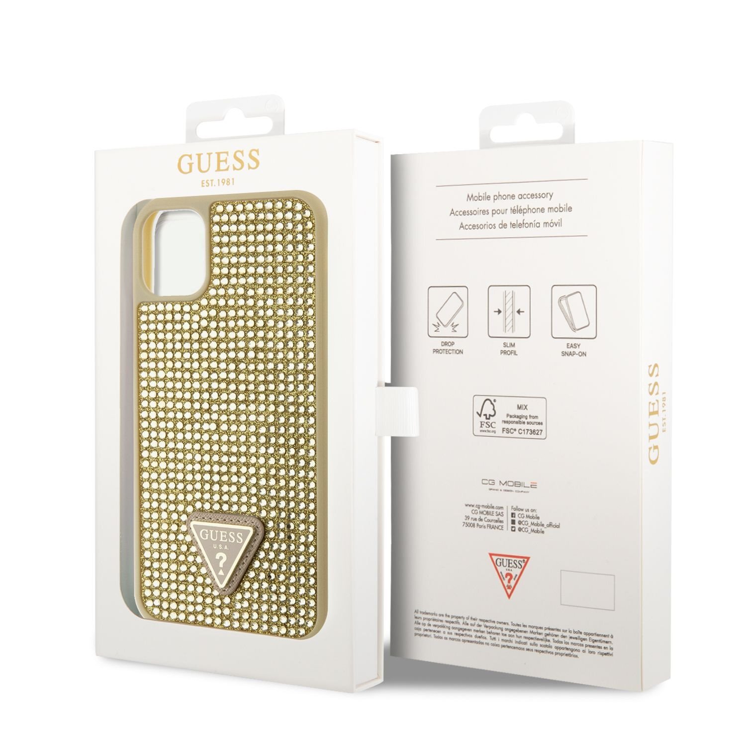Ochranný kryt pro iPhone 11 Pro - Guess, Rhinestones Triangle Metal Logo Gold