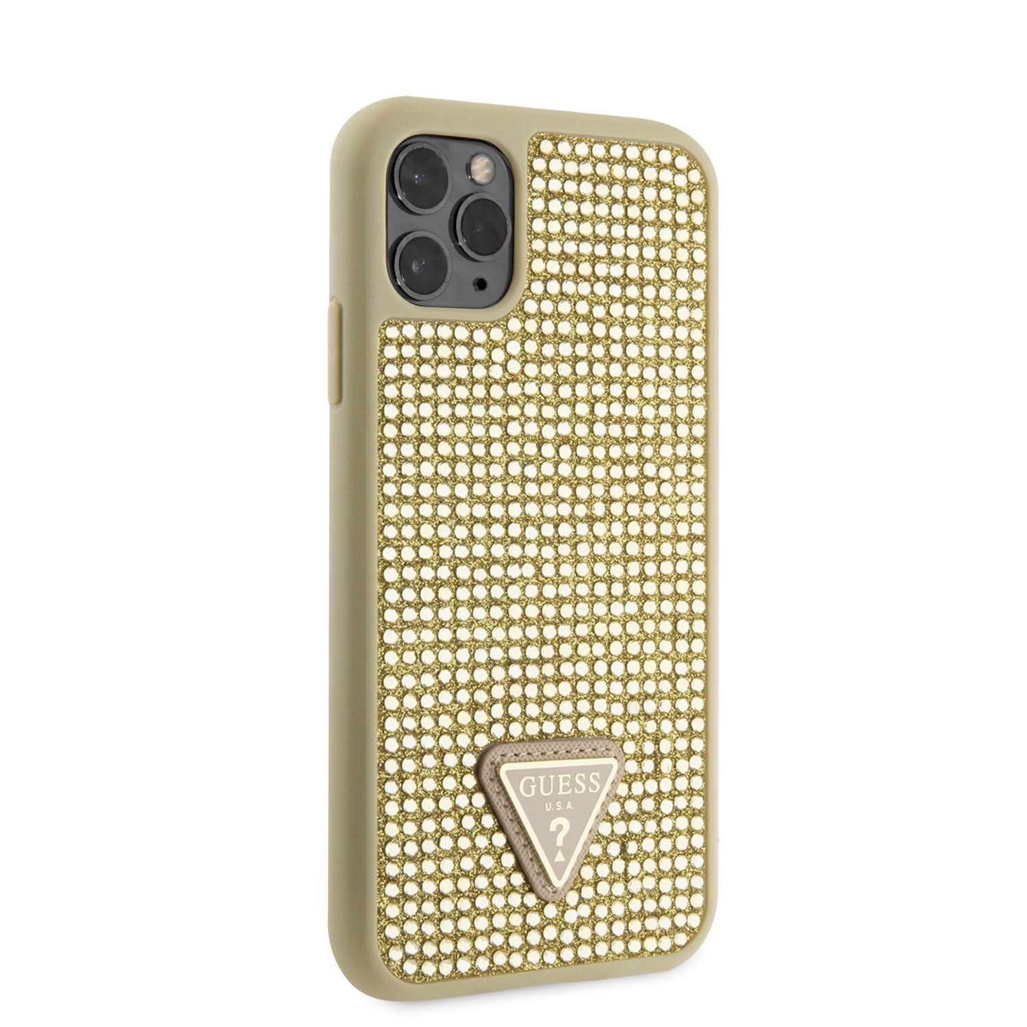 Ochranný kryt pro iPhone 11 Pro - Guess, Rhinestones Triangle Metal Logo Gold
