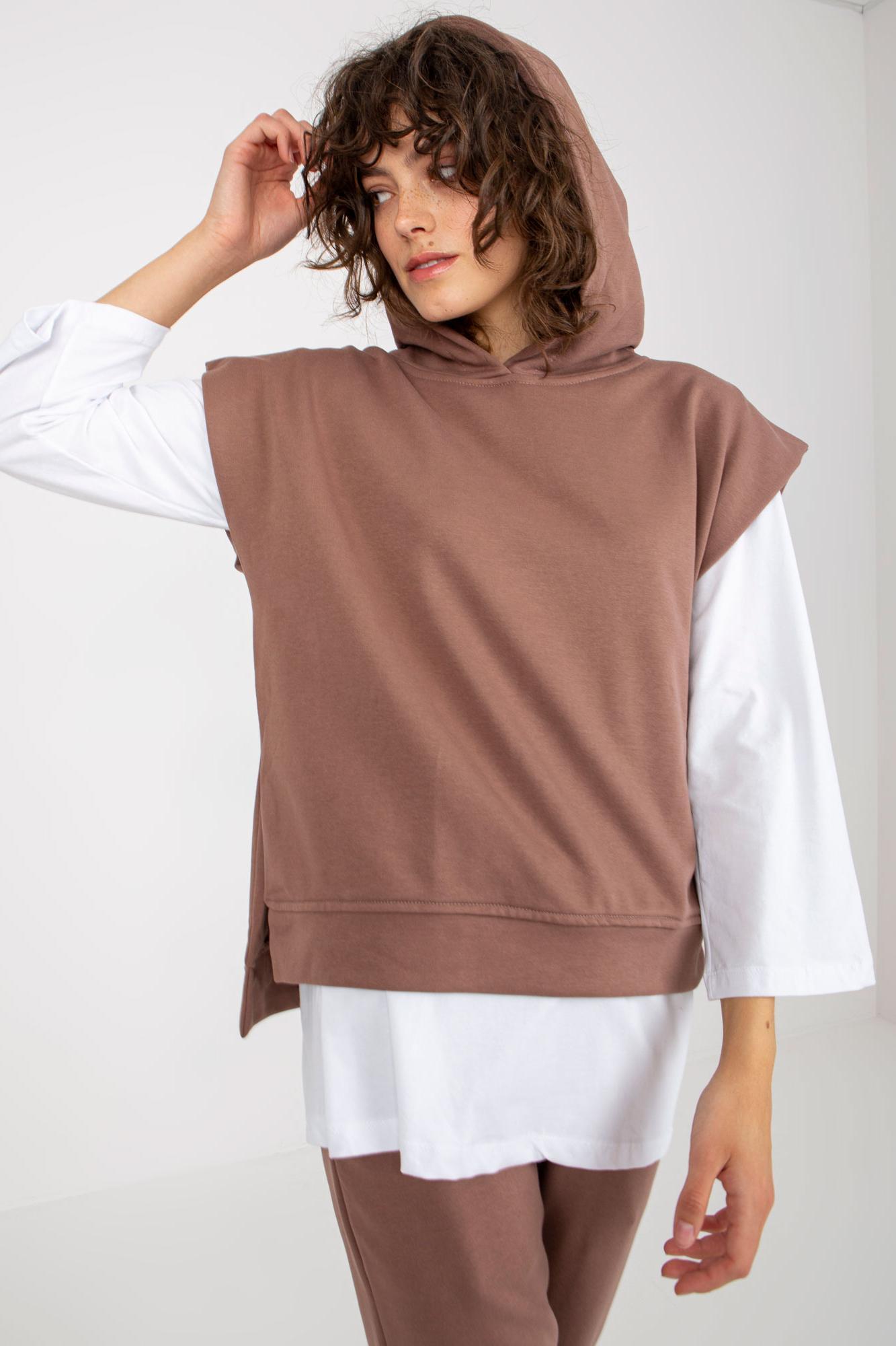 MladaModa 3-dílný komplet mikiny, halenky a tepláků model 76464 barva cappuccino