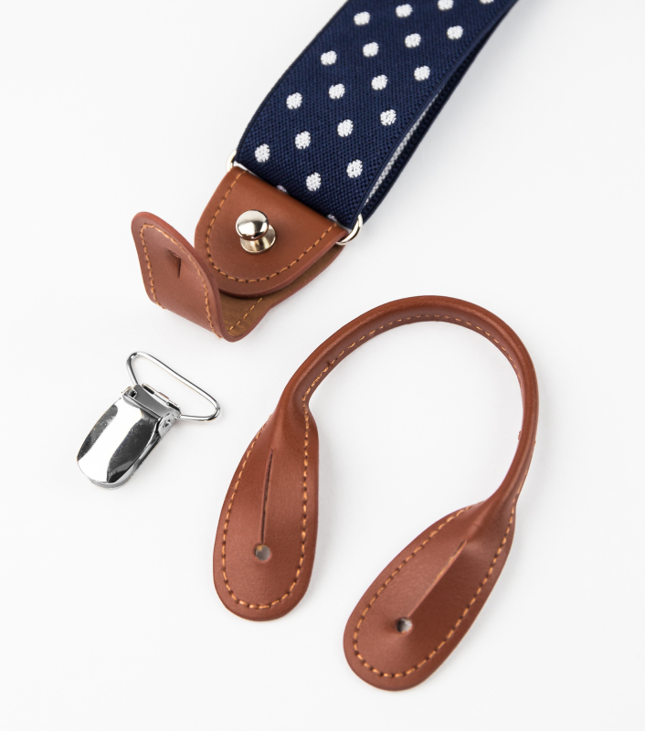 Bubibubi Tmavomodré pánské kšandy s bílými puntíky a hnědými poutky