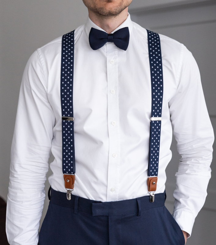 Bubibubi Tmavomodré pánské kšandy s bílými puntíky a hnědými poutky