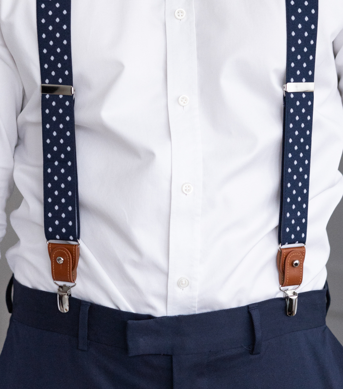 Bubibubi Tmavomodré pánské kšandy s bílými puntíky a hnědými poutky