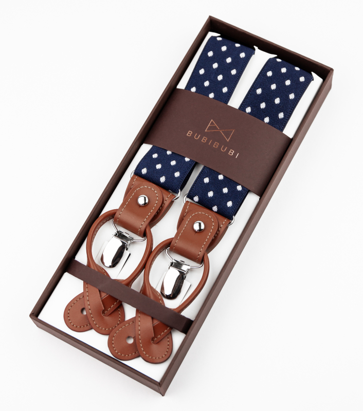 Bubibubi Tmavomodré pánské kšandy s bílými puntíky a hnědými poutky