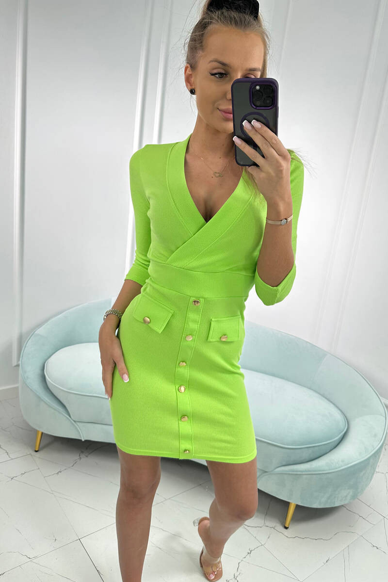 K-Fashion Žebrované šaty s ozdobnými knoflíky světle zelené