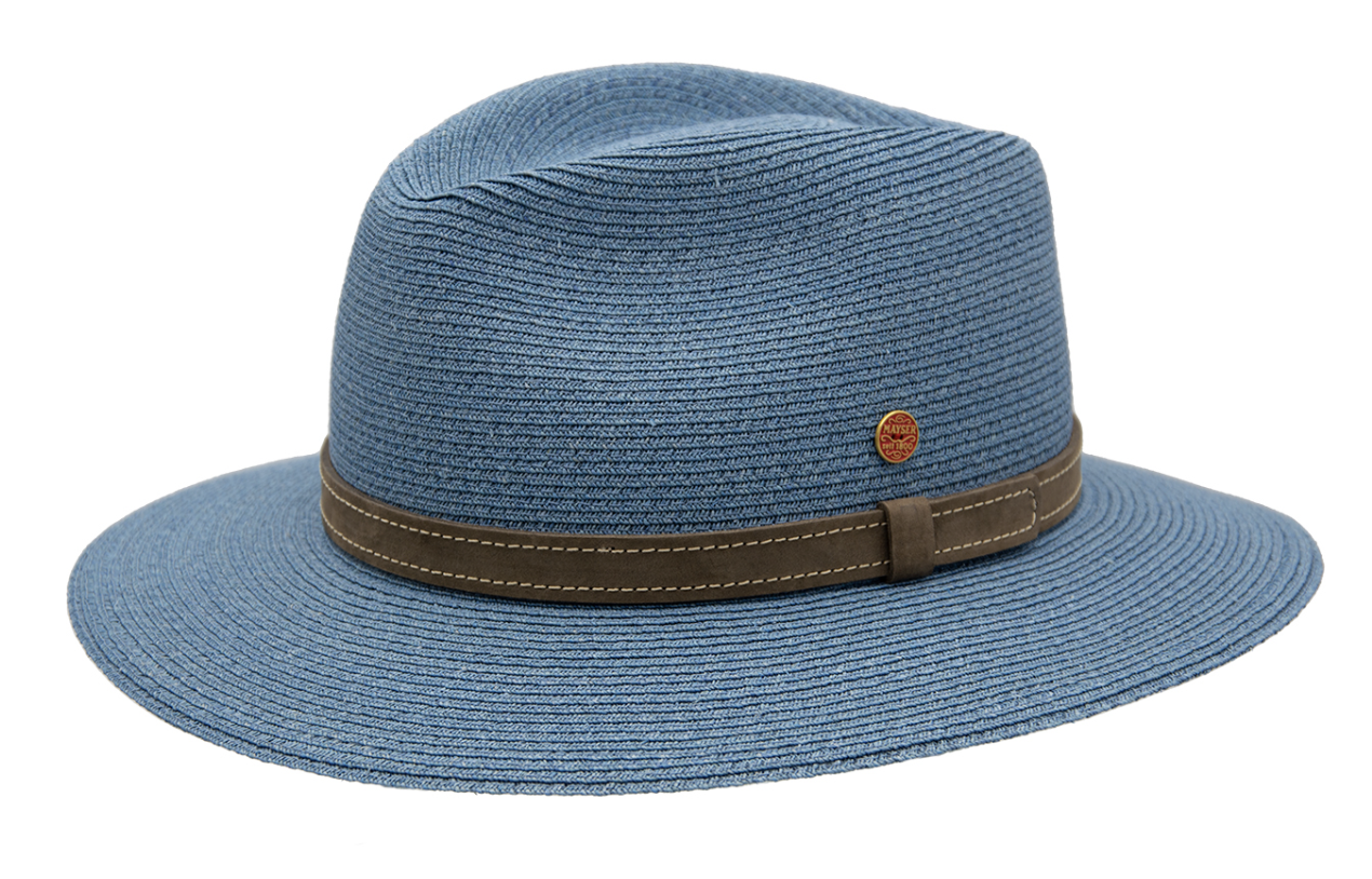 Luxusní nemačkavý modrý klobouk Fedora - ručně šitý, UV faktor 80 - Mayser Mathis