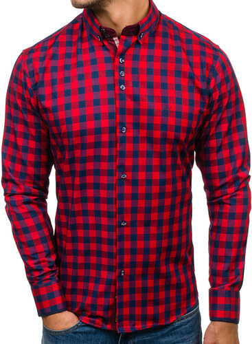 Pánská červená kostkovaná košile s dlouhým rukávem Bolf 5816 - GLAMI.cz
