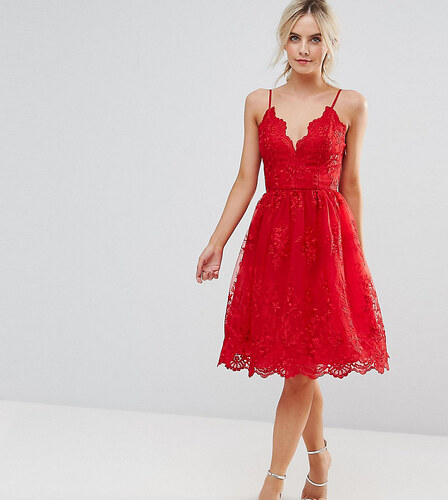 Chi Chi London Petite Premium Scalloped Lace Midi Dress - Red - GLAMI.cz