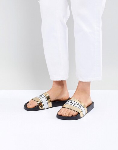 gold tommy hilfiger sliders