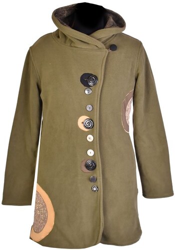 Khaki fleecový kabát s límcem zapínaný na knoflíky, barevné aplikace,  potisk a v L , Nepál , 100% polyester, podšívka: 100% polyester - GLAMI.cz
