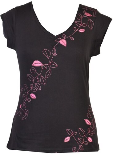 Černo-růžové tričko s krátkým rukávem, Leaves design, výšivka, V výstřih M  , Nepál , 100%bavlna - GLAMI.cz