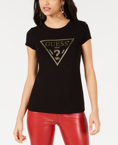 Tričko GUESS Glitter Logo-Print T-Shirt černá S - GLAMI.cz