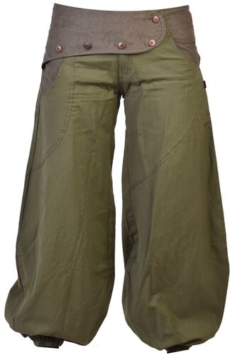 Dlouhé khaki balonové kalhoty s manžestrem, zip a knoflíky, výšivka, kapsy  XL , 100%bavlna - GLAMI.cz