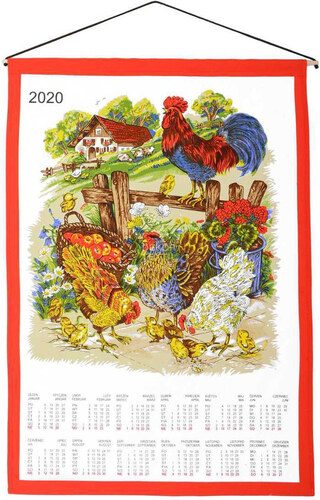 Forbyt Textilní kalendář utěrka KOHOUTEK A SLEPIČKY 2020, červený, 45x65cm  s hůlkou - GLAMI.cz