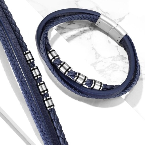Modrý kožený náramek s ocelovými komponenty, délka 19 cm - GLAMI.cz
