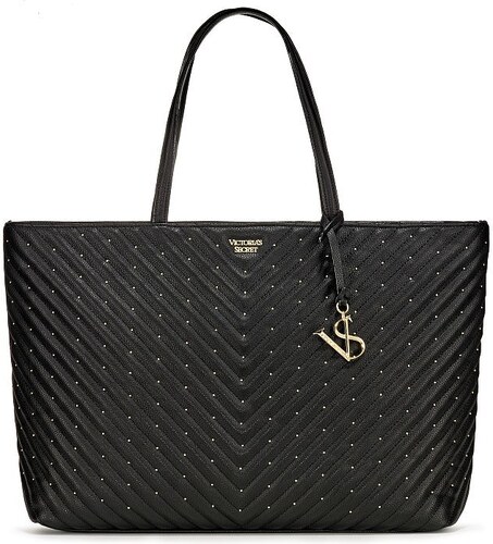 Victoria's Secret luxusní černá taška přes rameno Studded V-Quilt  Everything Tote - GLAMI.cz
