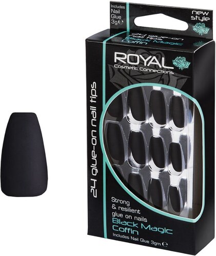 Royal Cosmetic ROYAL Černé matné umělé nehty sada s lepidlem BLACK MAGIC  Coffin False nails 24ks a lepidlo. - GLAMI.cz