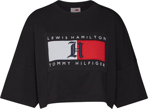 TOMMY HILFIGER Tričko 'Lewis Hamilton CROPPED OVERSIZED LOGO TEE' černá /  bílá / červená - GLAMI.cz