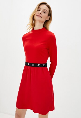 Calvin Klein dámské červené šaty LOGO WAISTBAND DRESS - GLAMI.cz