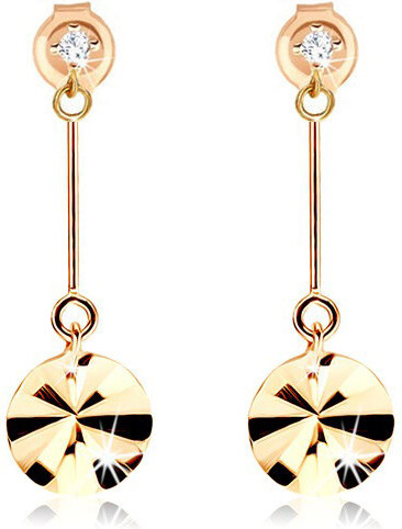 Šperky Eshop - Zlaté náušnice 585 - kruh visící na tyčince, paprskovité  rýhy, zirkon S2GG86.18 - GLAMI.cz