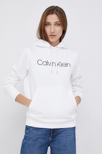 Bavlněná mikina Calvin Klein dámská, bílá barva, s kapucí, s potiskem -  GLAMI.cz