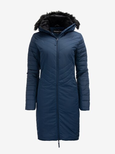Modrý dámský prošívaný kabát s kapucí s umělým kožíškem Alpine Pro KRESA -  GLAMI.cz