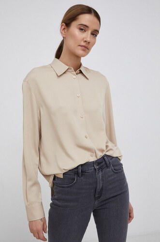 Košile Calvin Klein dámská, béžová barva, relaxed, s klasickým límcem -  GLAMI.cz