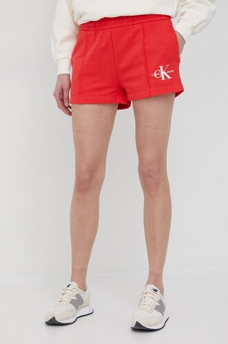 Bavlněné šortky Calvin Klein Jeans dámské, červená barva, hladké, high waist  - GLAMI.cz