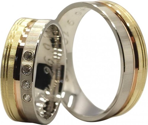 Snubní prsteny s matným povrchem a zirkony Primossa, žluté, bílé a růžové  zlato - vzor č. 307 - GLAMI.cz