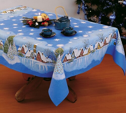 Vánoční ubrus Chaloupky, modrá, 140 x 120 cm - GLAMI.cz