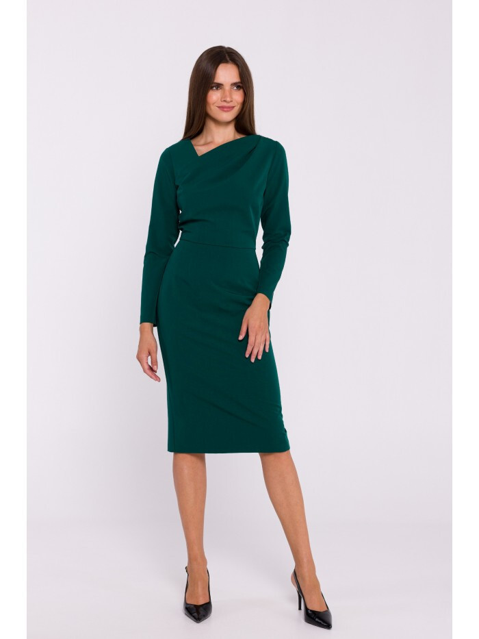 STYLOVE S376 Tužkové šaty s asymetrickým výstřihem - zelené