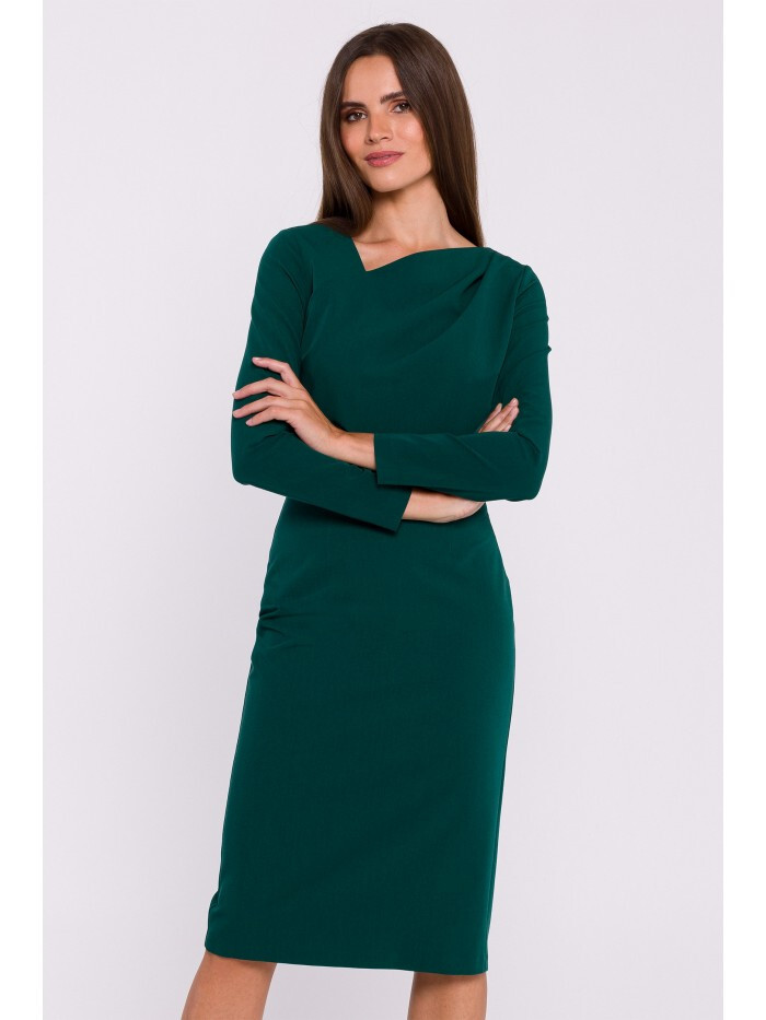 STYLOVE S376 Tužkové šaty s asymetrickým výstřihem - zelené