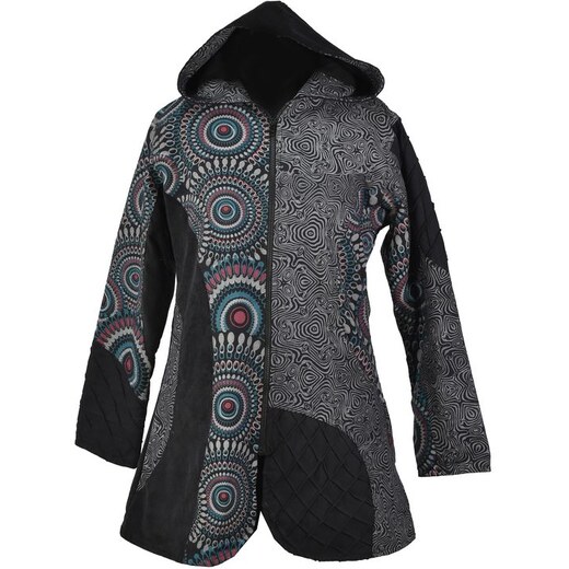 Černo-šedý kabátek s kapucí, mandala print, zapínání na zip a kapsy L ,  Nepál , 100%bavlna, podšívka: 100% polyester - GLAMI.cz