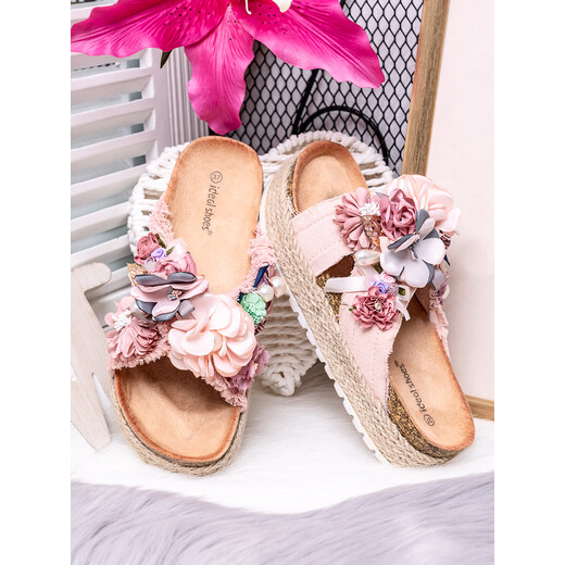 MODANOEMI Korkové denim růžové pantofle s květinami Ideal shoes SE-9609R -  GLAMI.cz