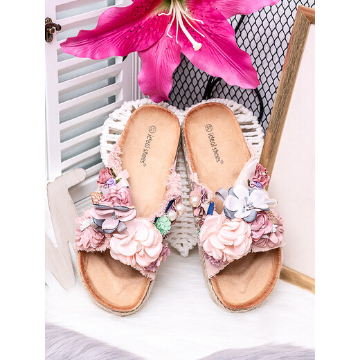MODANOEMI Korkové denim růžové pantofle s květinami Ideal shoes SE-9609R -  GLAMI.cz