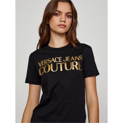 Zlato-černé dámské tričko Versace Jeans Couture S Logo Foil - GLAMI.cz