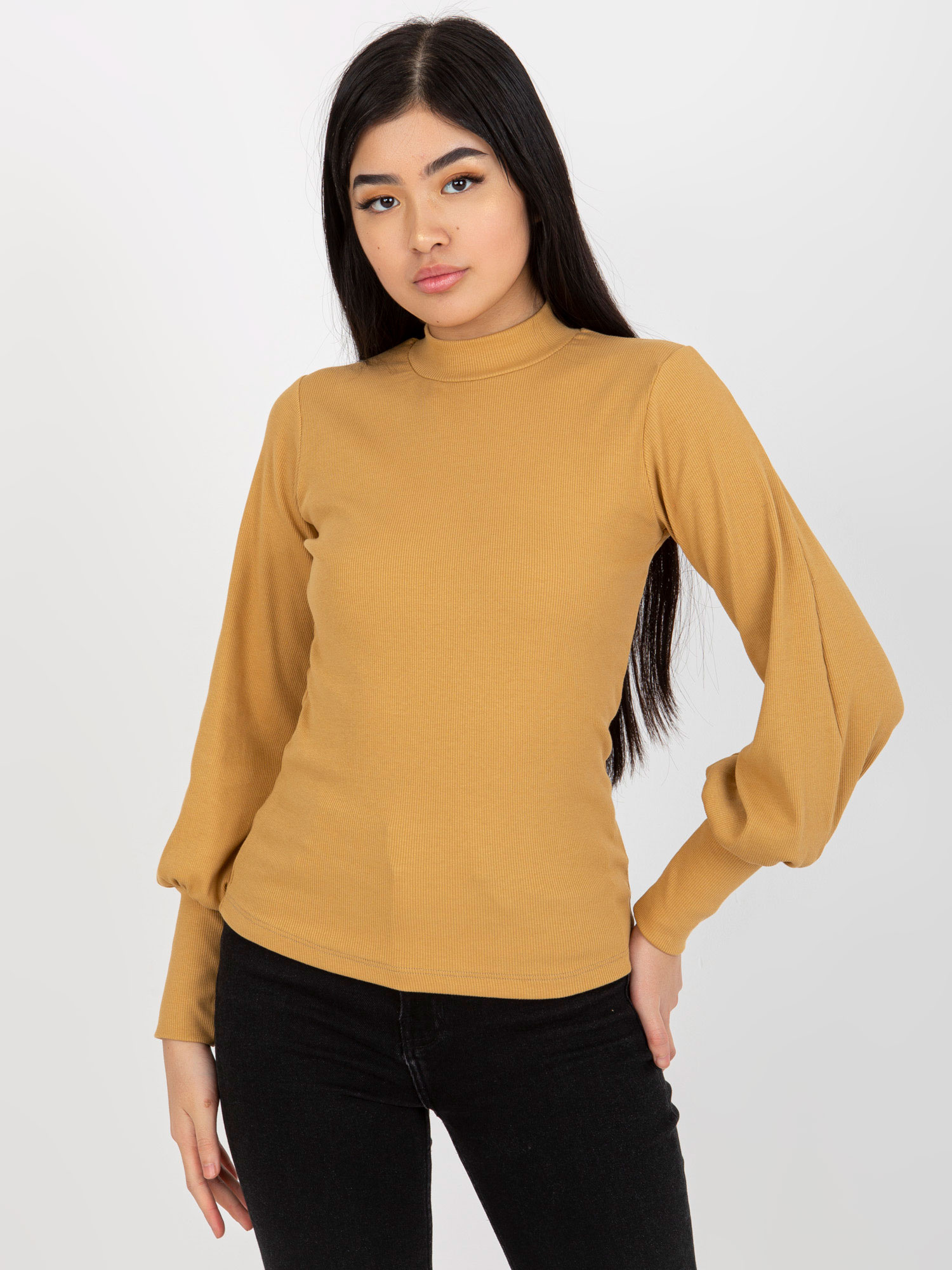 RUE PARIS Béžové žebrované tričko s balónovými rukávy --beige Béžová