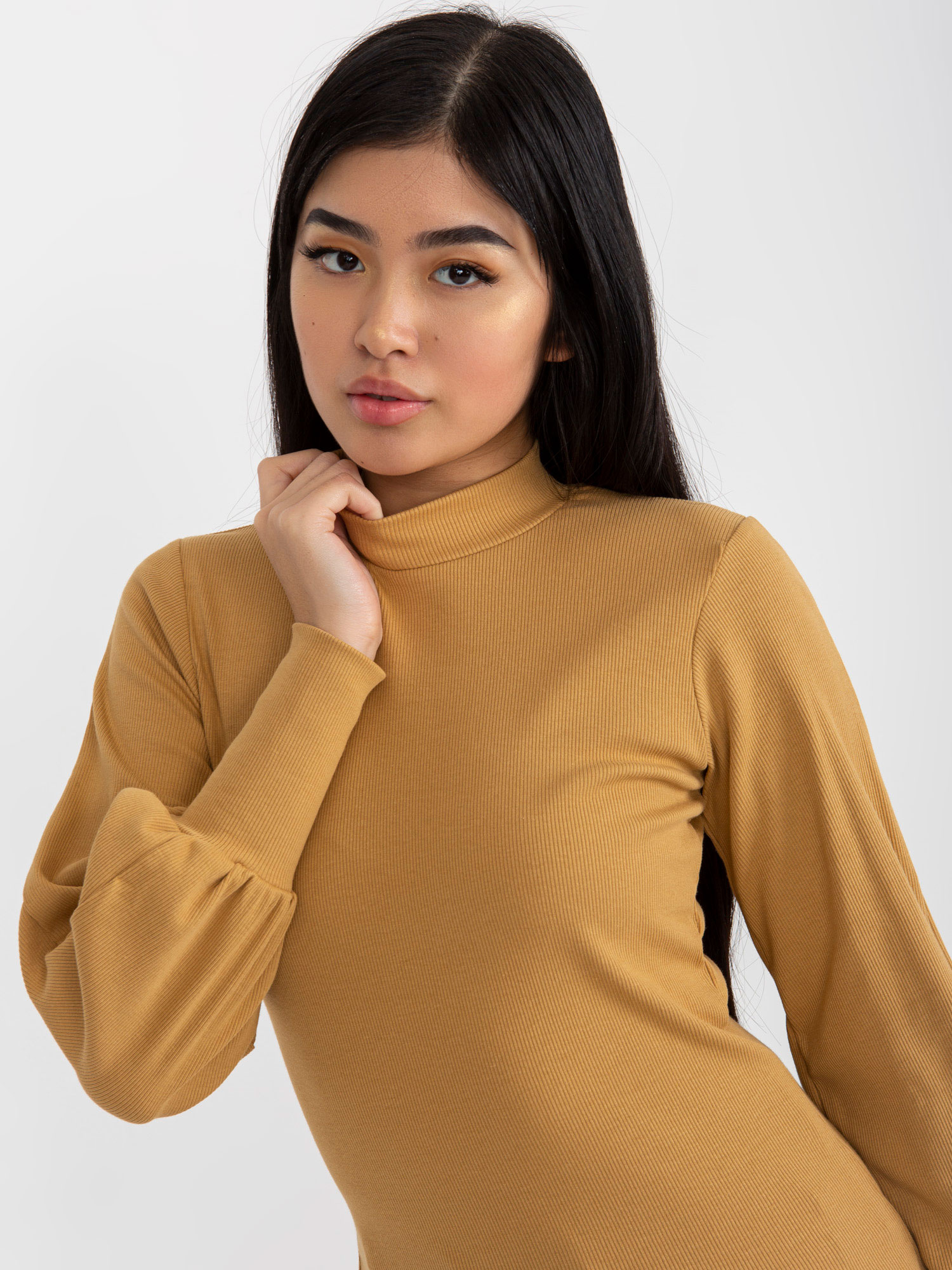 RUE PARIS Béžové žebrované tričko s balónovými rukávy --beige Béžová