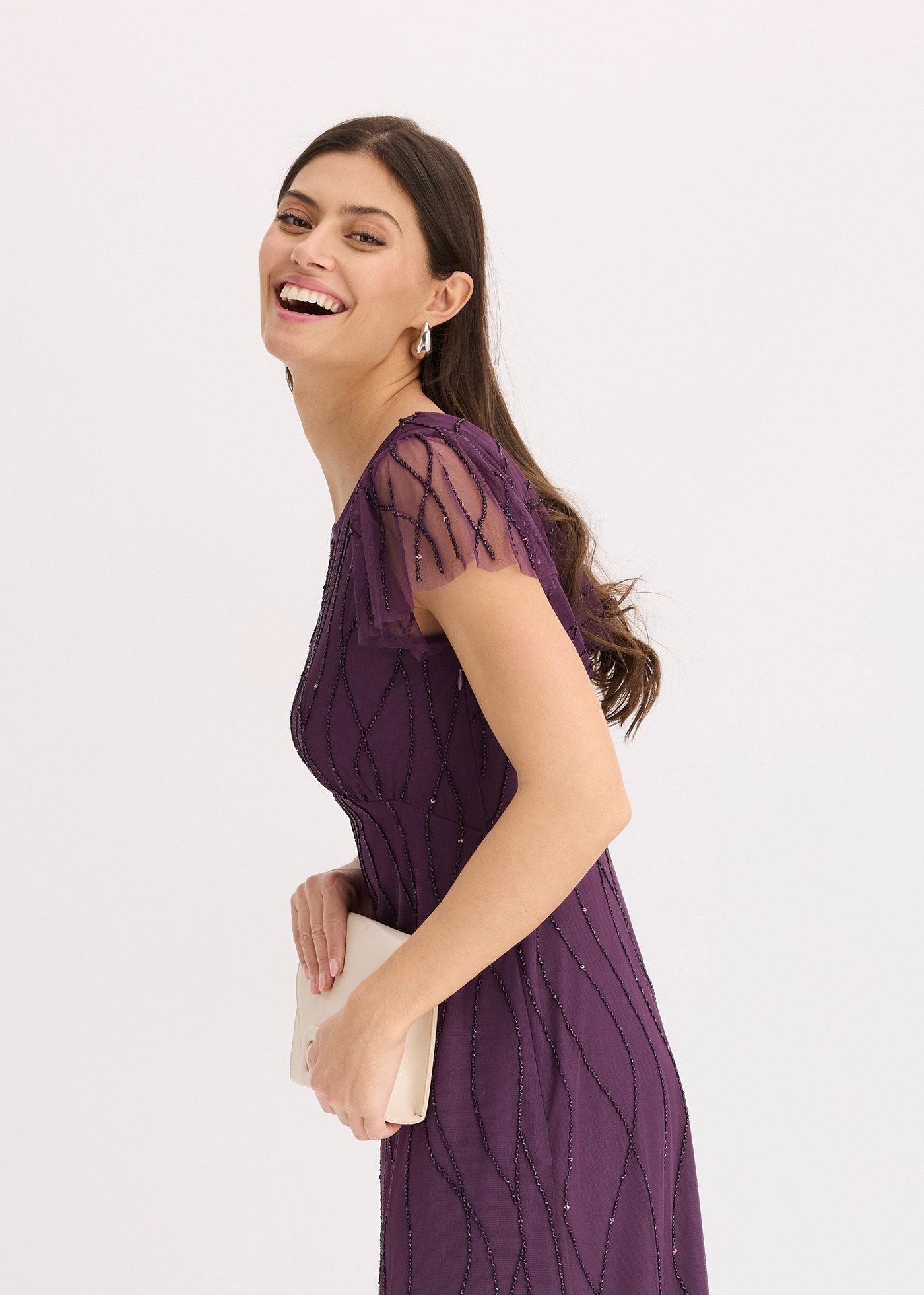 bonprix Maxi šaty z jemného tylu, s perličkovou výšivkou Fialová