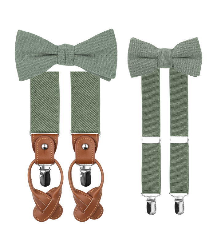 Bubibubi Zelená sada Sage green pro tátu a syna s motýlky a kšandami