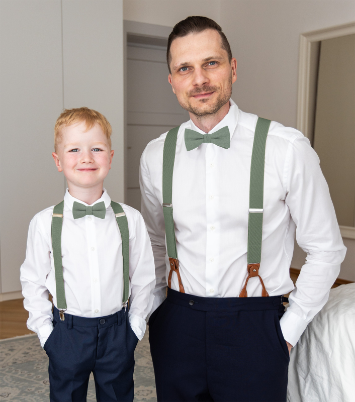 Bubibubi Zelená sada Sage green pro tátu a syna s motýlky a kšandami