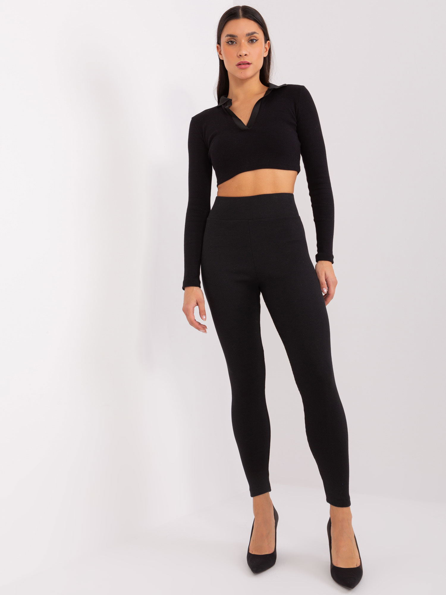 RUE PARIS Černé žebrované legíny s vysokým pasem -black Černá