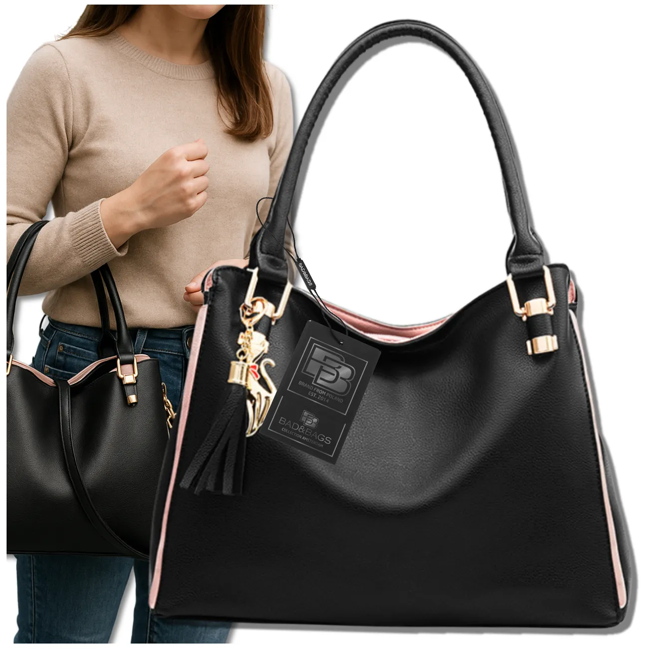 Camerazar Dámská prostorná nákupní taška z kvalitní umělé kůže, černá, 40x25 cm s odnímatelným ramenním popruhem