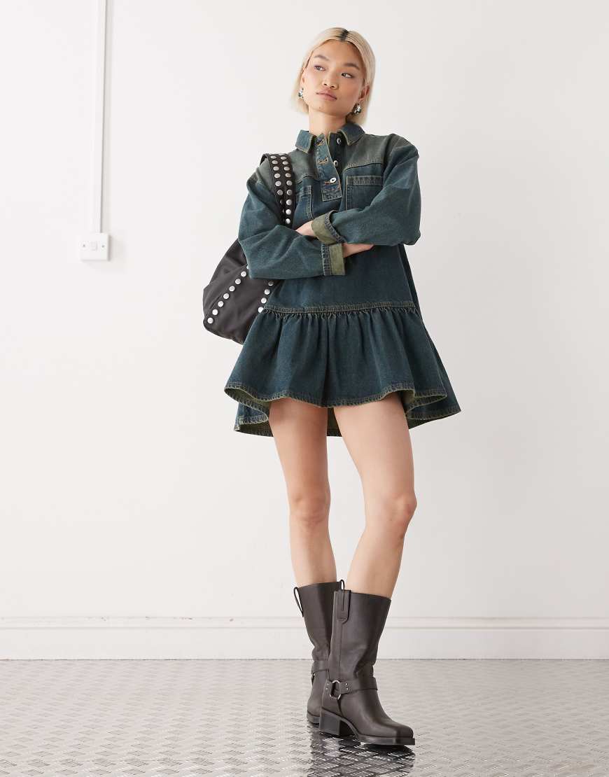 collusion denim dress long sleeve smock in green wash-Blue Blue denim Size:AU10 US6 COURTHOUSE-WEDDING Women's Classic Casual Long The chest pockets add