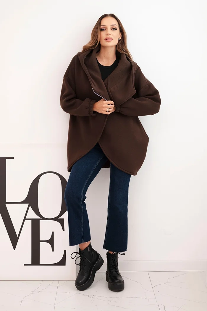 Kesi Włoski Dámská mMikina s kapucí a asymetrickým zipem hnědá