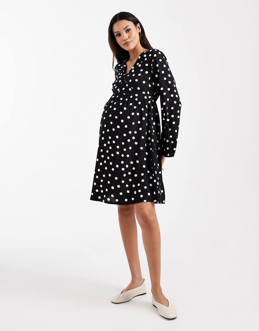 Mama.licious Mamalicious Maternity button front nursing friendly mini dress in black polka dot print