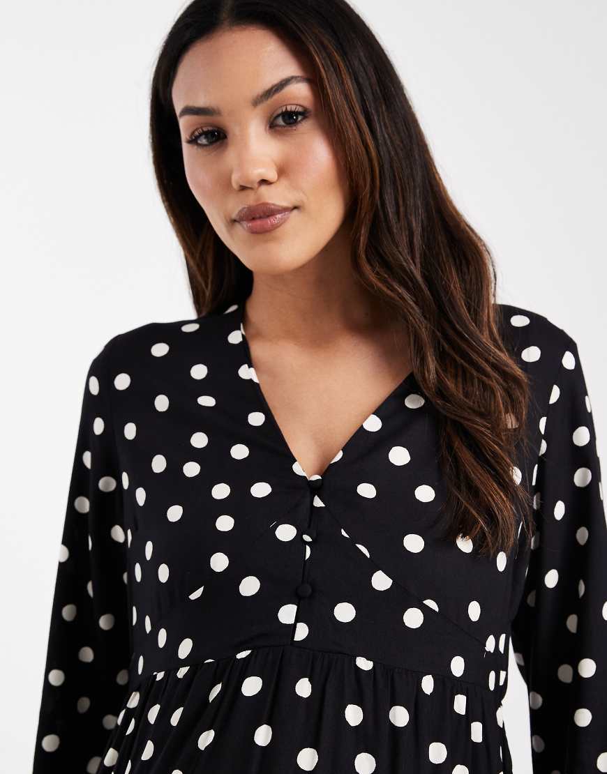 Mama.licious Mamalicious Maternity button front nursing friendly mini dress in black polka dot print
