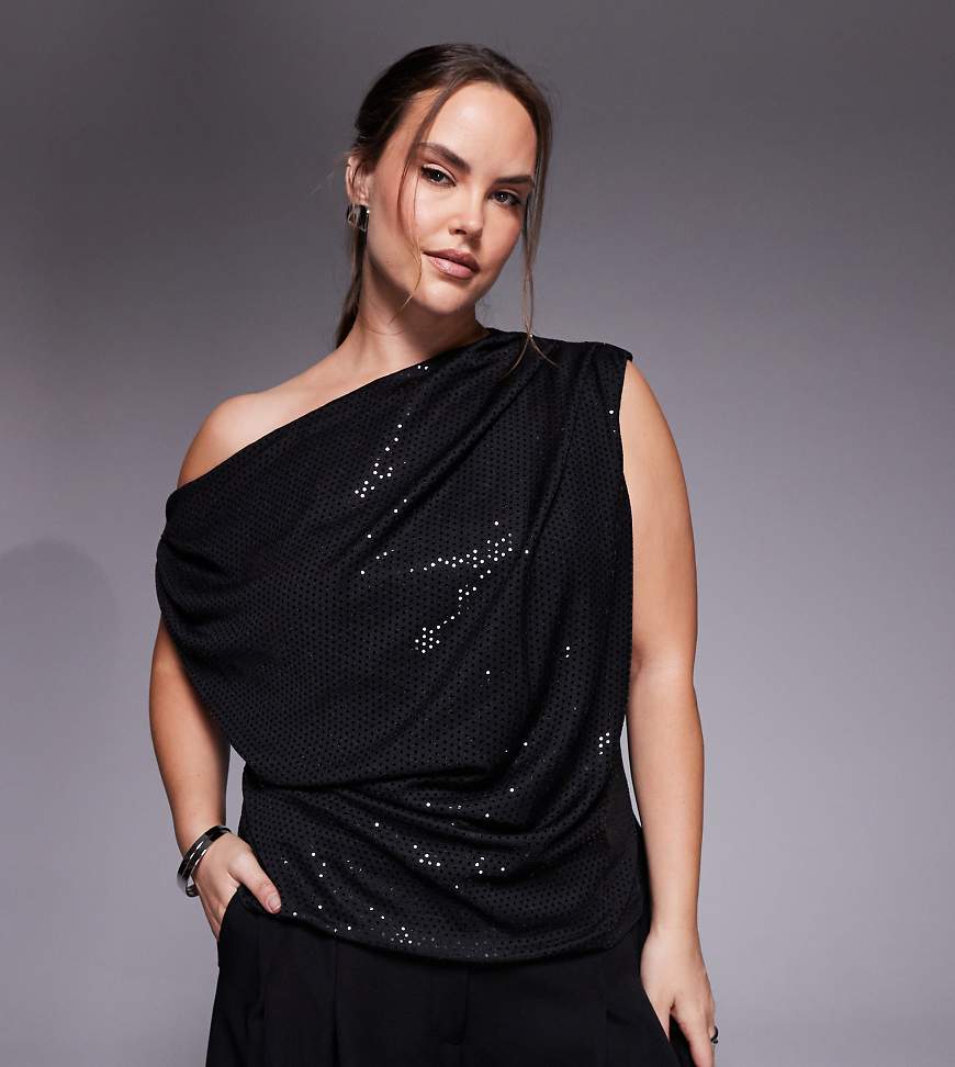New Look Plus New Look Curve sequin scoop neck top in black
