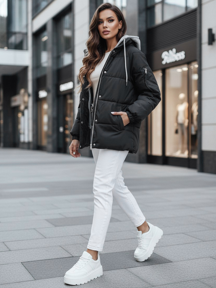 BASIC Černá prošívaná bunda s textilní kapucí SPACE