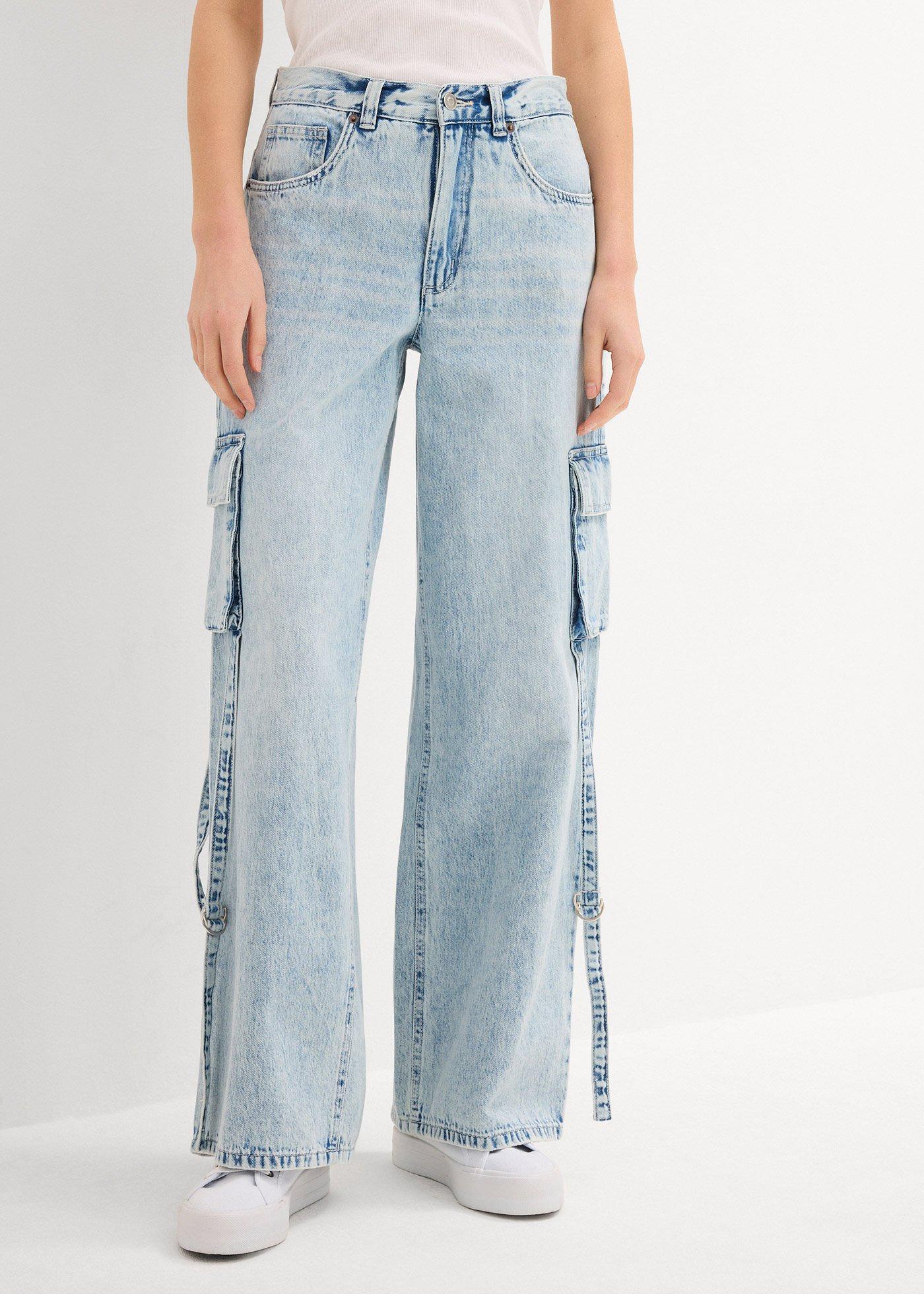 bonprix Cargo džíny, Mid Waist, malý podíl streče, dlouhá délka modrá Žena